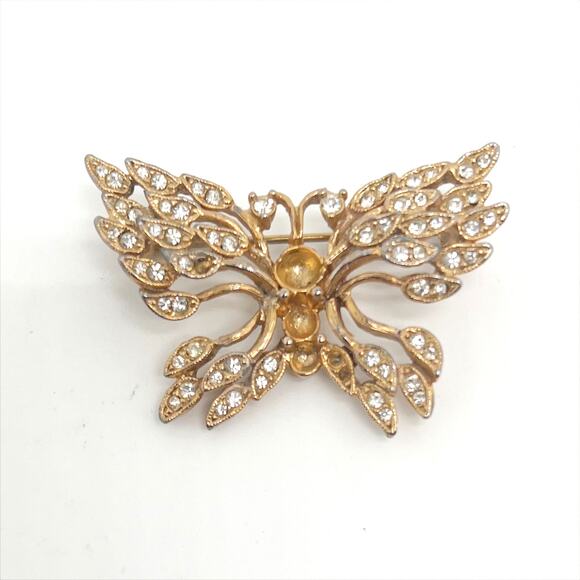 Vintage 80s Gold Tone Rhinestone Butterfly Brooch Pin - Picture 1 of 3